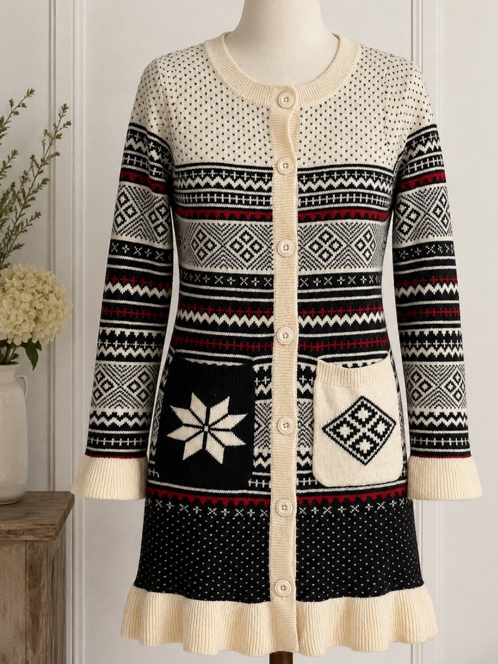 Sundance Lambswool Blend Nordic Fair Isle Long Cardigan Sweater Size S
